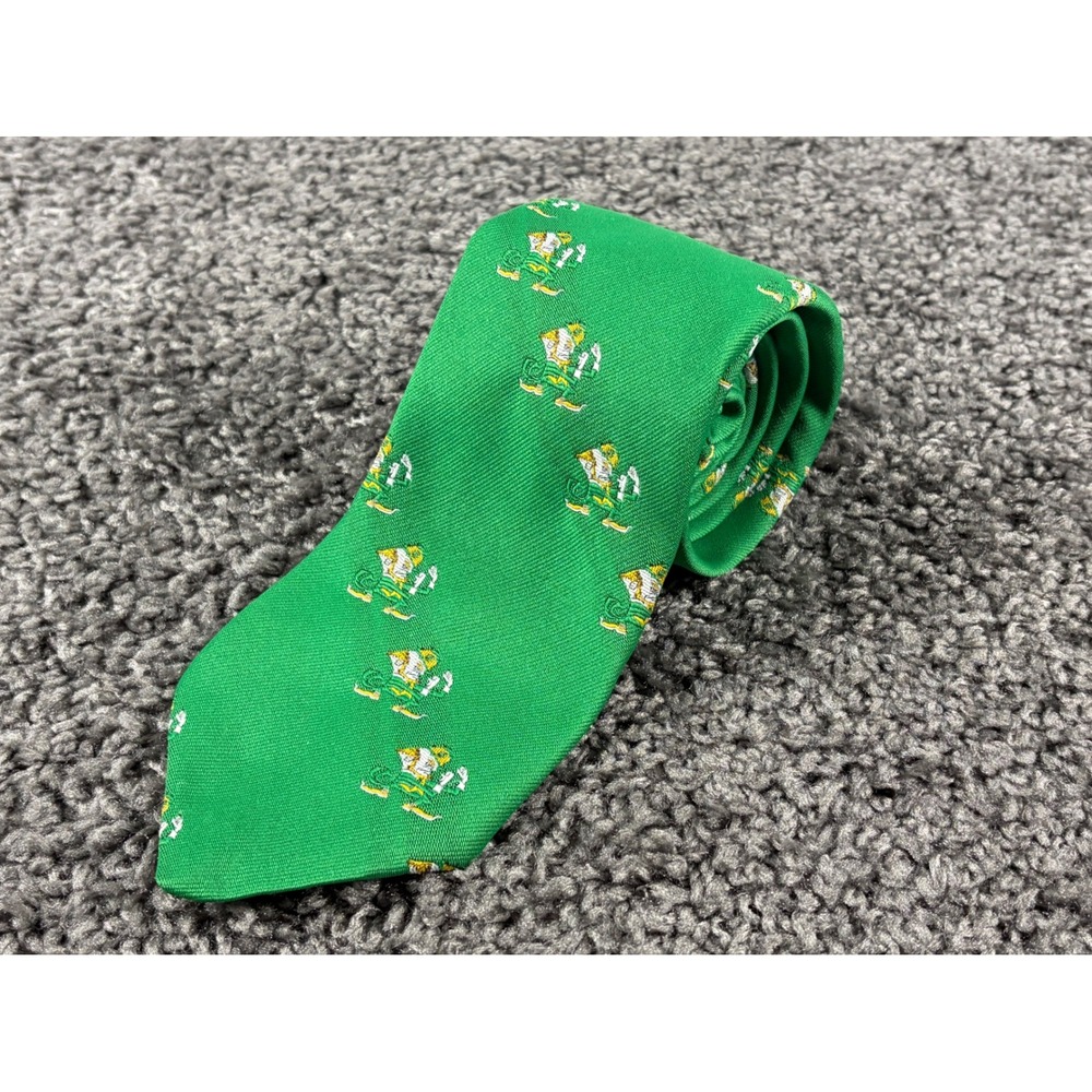 Vintage Notre Dame Bookstore Fighting Irish Leprechaun Green Golden Clasp Tie